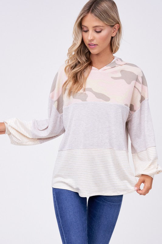 pink and grey hooded colorblock top