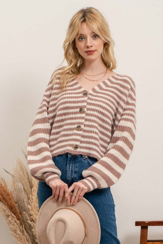 mocha and ivory striped button sweater
