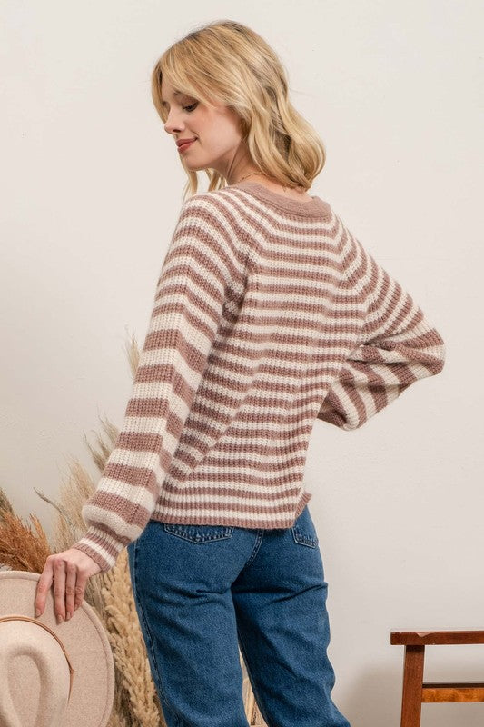 striped button boxy sweater