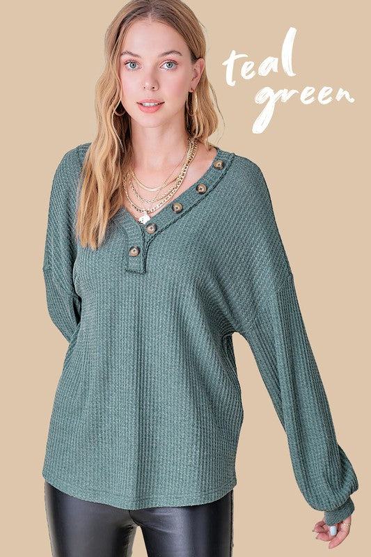 teal green button waffle knit top