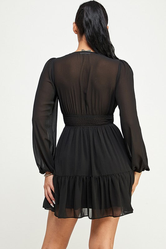 black long sleeve tie front short dress