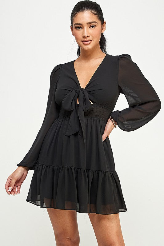 black chiffon tie front short dress
