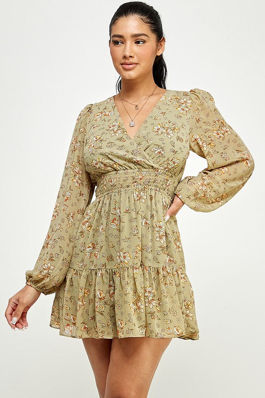 sage green long sleeve floral fit and flare dress