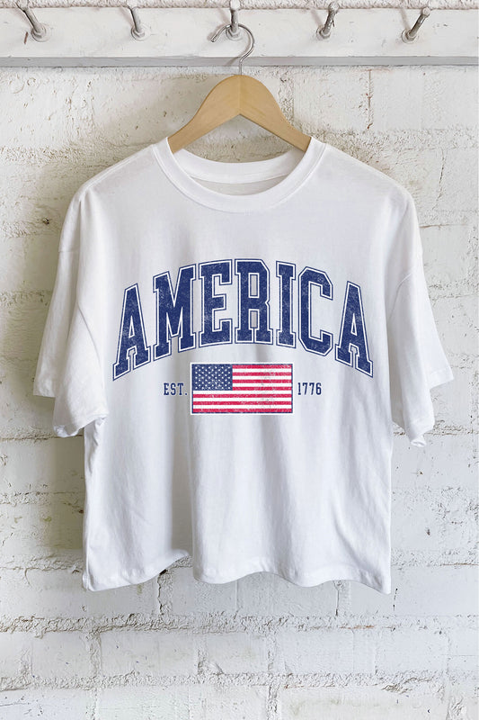 white long crop america flag tee