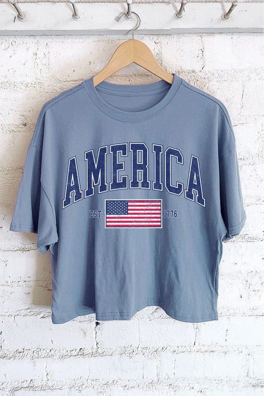 blue american flag graphic tee shirt
