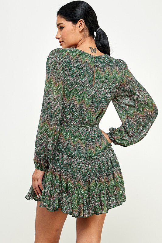 green long sleeve chiffon fit and flare dress