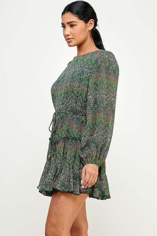 green pattern long sleeve fit and flare dress