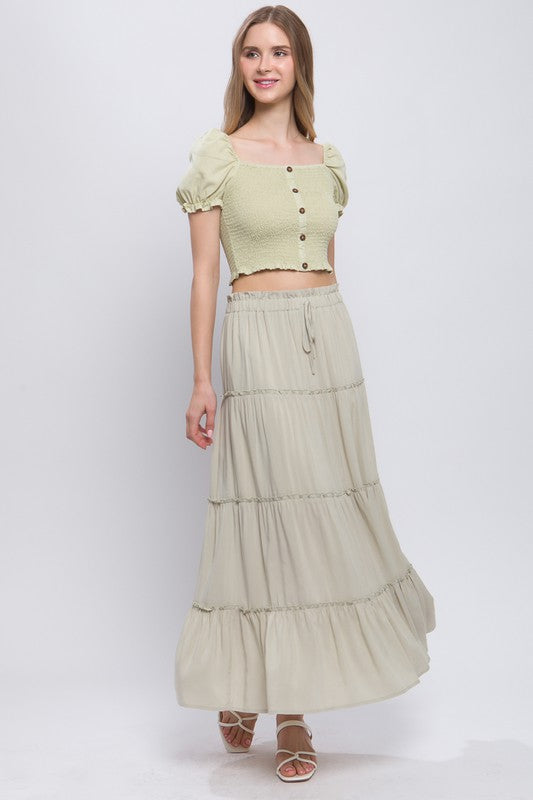 olive green high waist tiered maxi skirt