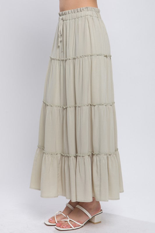 light olive tiered maxi skirt