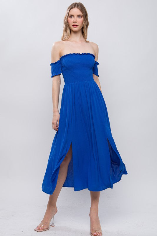 blue off shoulder fit and flare midi dress