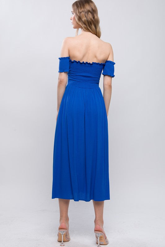 royal blue off the shoulder midi length dress