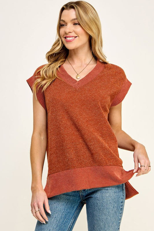 burnt orange sleeveless v neck sweater top