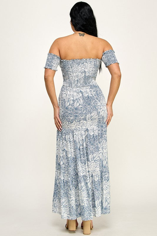 Blue Smocked Floral Maxi Dress