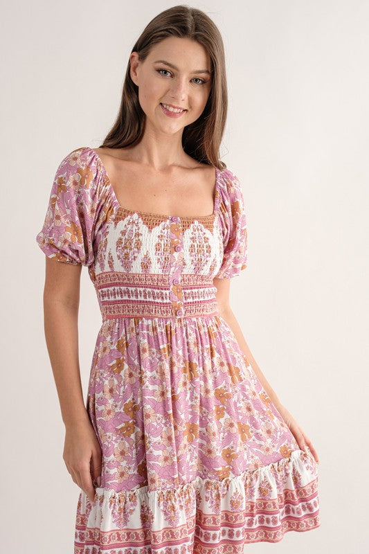 pink short floral puff sleeve dress