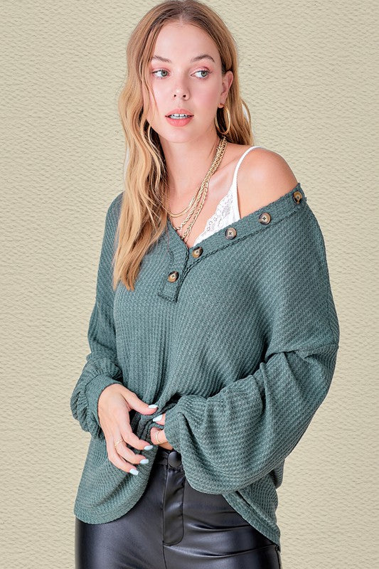 teal waffle knit v neck button detail top