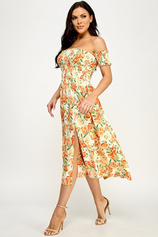 Orange Floral Midi Dress
