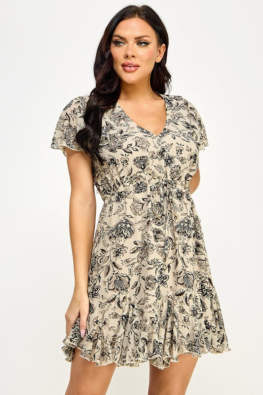 taupe floral print short sleeve short dress