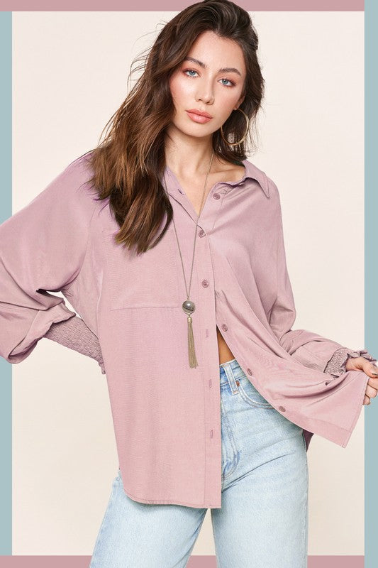 mauve button up smocked cuff top