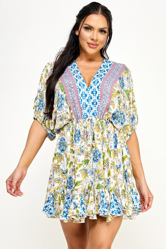 blue and green floral kimono sleeve short dress
