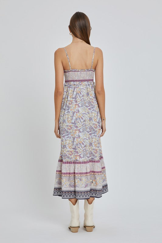 lilac floral fit and flare maxi dress