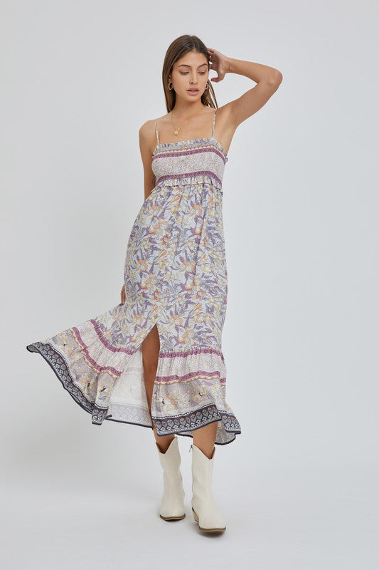 lilac floral smocked sleeveless maxi dress