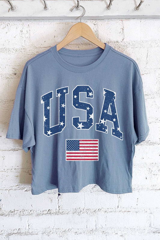 rustee blue USA american flag long crop tee