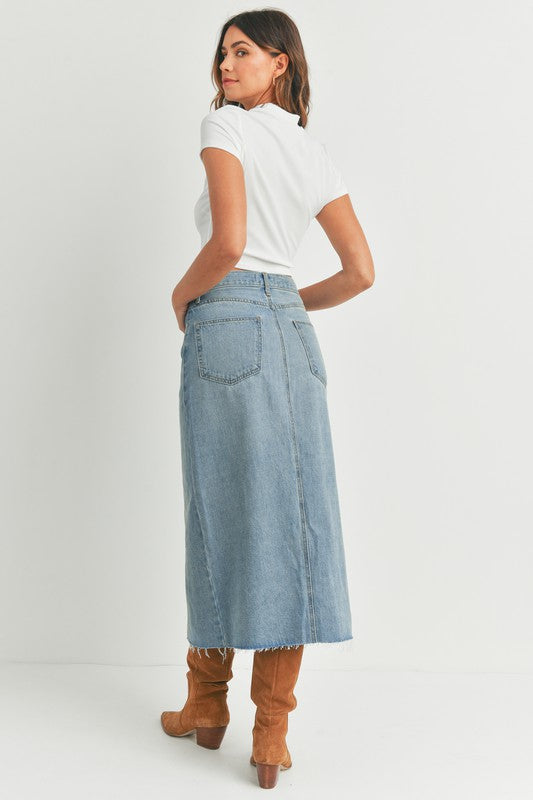 high rise denim midi skirt with front slit