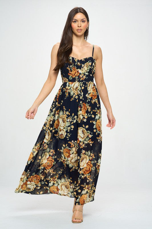 navy blue sleeveless floral maxi dress