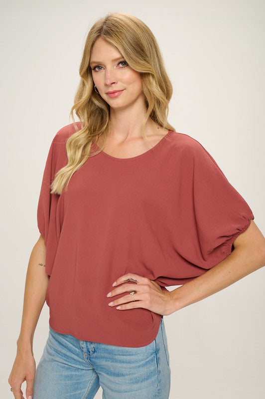 Rust short puff sleeve boxy top
