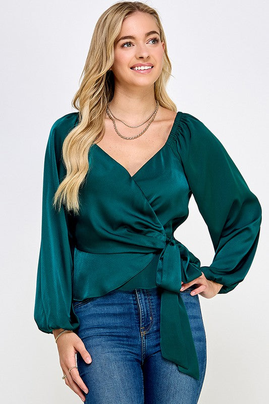 hunter green satin wrap top