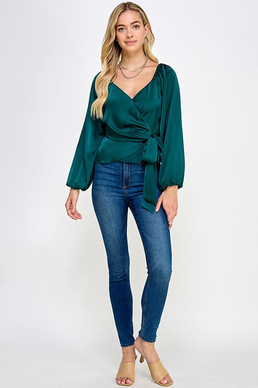 hunter green satin wrap top