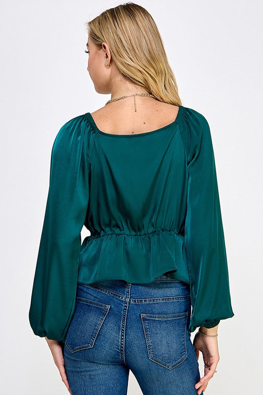 green satin wrap top