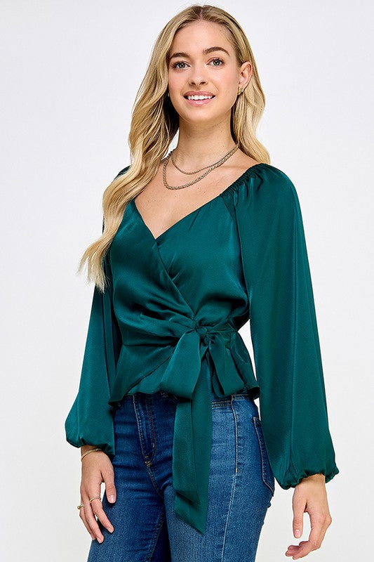 green satin wrap Christmas top