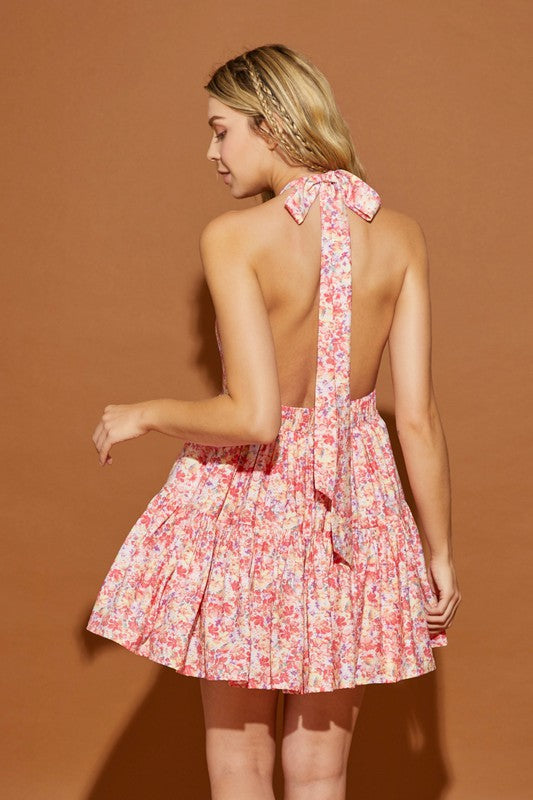 Pink Floral Halter Short Dress