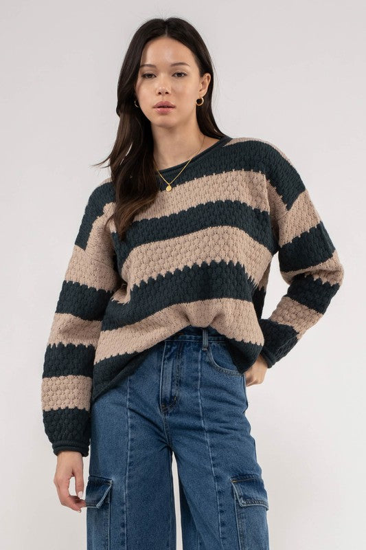 hunter green and mocha striped boxy sweater