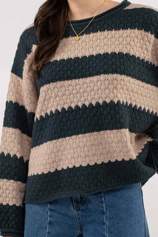 green and brown striped knit sweater
