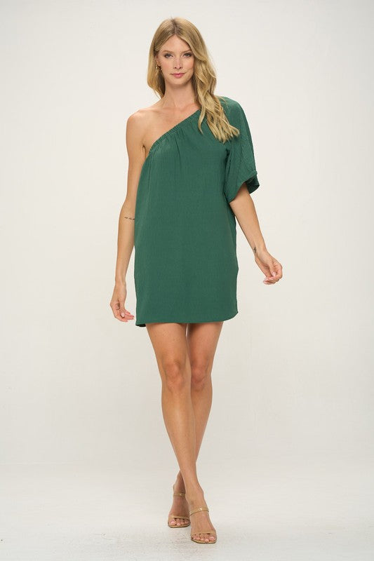 green one shoulder relaxed fit dress
