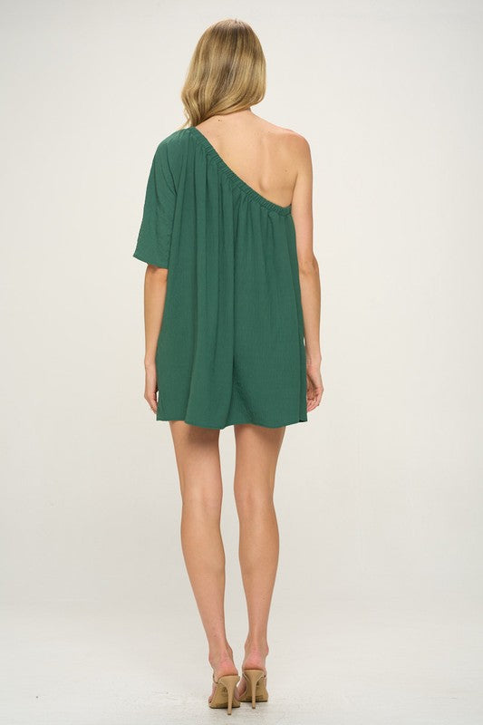 green one shoulder knee length dress