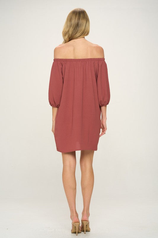 rust off the shoulder bubble sleeve dress