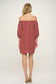 rust off the shoulder bubble sleeve dress