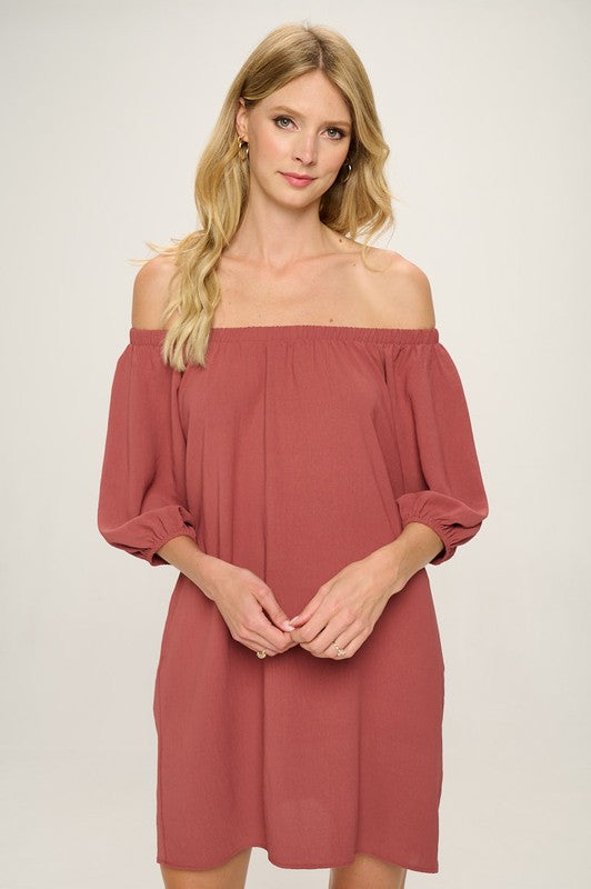 rust off the shoulder pocket summer to fall dress