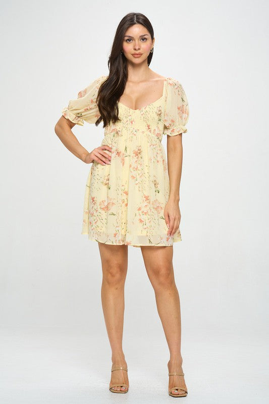 yellow floral cut out back short dress