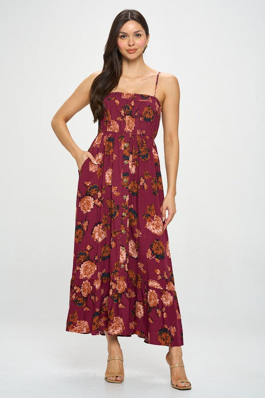 burgundy smocked floral maxi dress