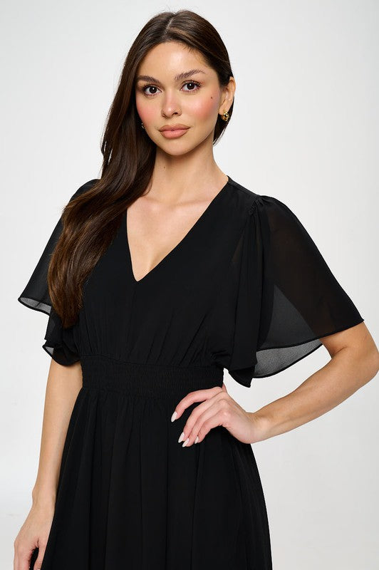 black short sleeve v neck long dress