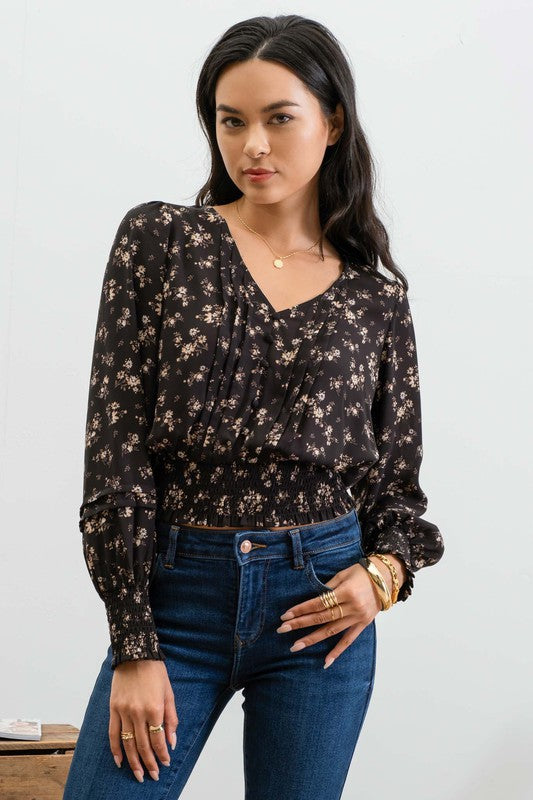 black floral cropped long sleeve top