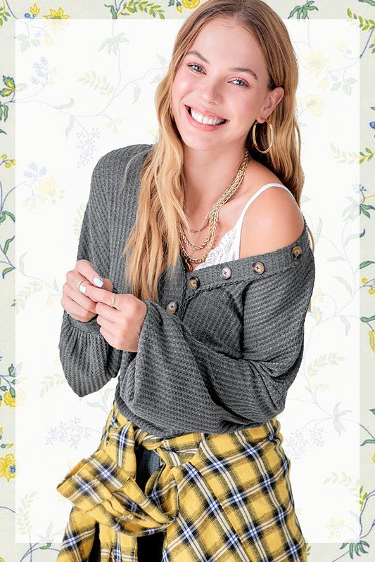 charcoal button v neck waffle knit top