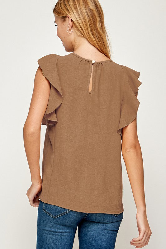 brown ruffle sleeve keyhole back top