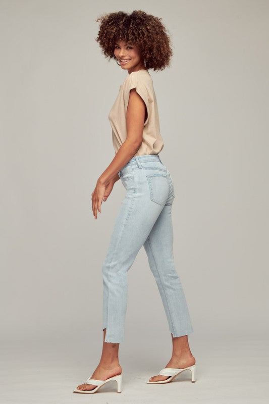 Light Wash Mid Rise Straight Curved Hem Jeans