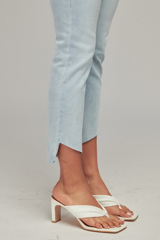 Light Wash Mid Rise Straight Curved Hem Jeans