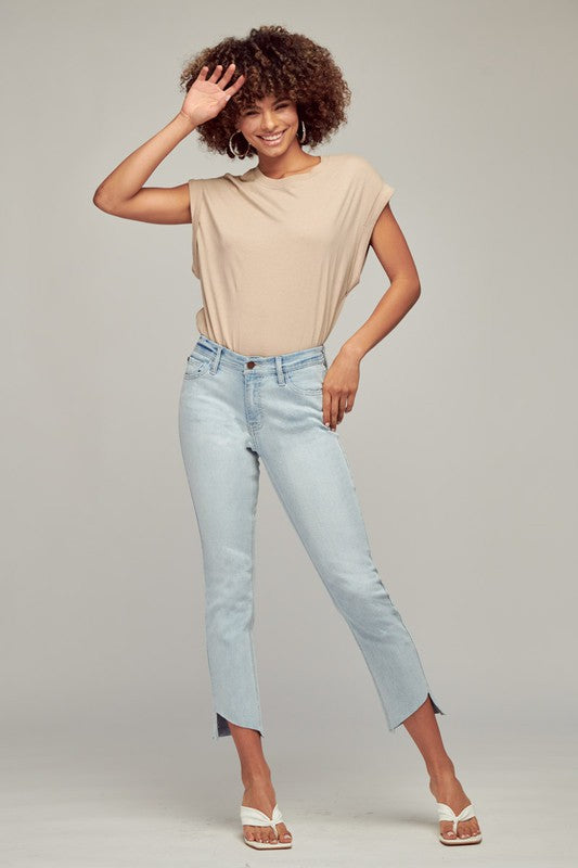 Light Wash Mid Rise Straight Curved Hem Jeans